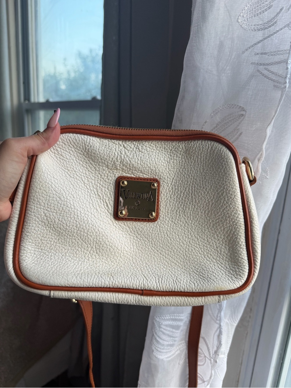 Valentina Cream Crossbody with Tan Trim and Gold Plate